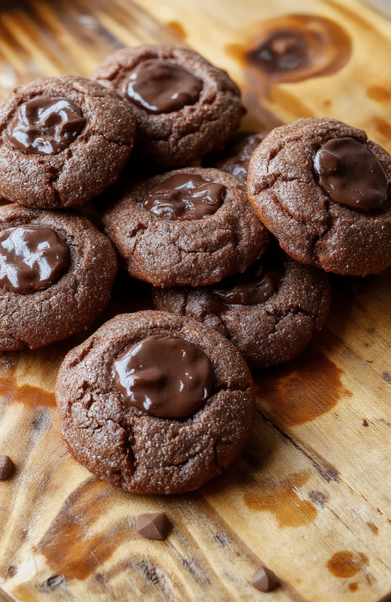 Colorful arrangement of chewy chocolate thumbprint cookies with glossy chocolate filling on a white plate, surrounded by scattered cocoa powder and chocolate chips, styled for an inviting, homemade look with natural lighting and soft shadows.