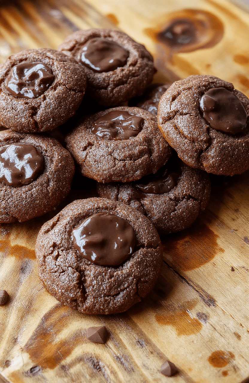 Colorful arrangement of chewy chocolate thumbprint cookies with glossy chocolate filling on a white plate, surrounded by scattered cocoa powder and chocolate chips, styled for an inviting, homemade look with natural lighting and soft shadows.