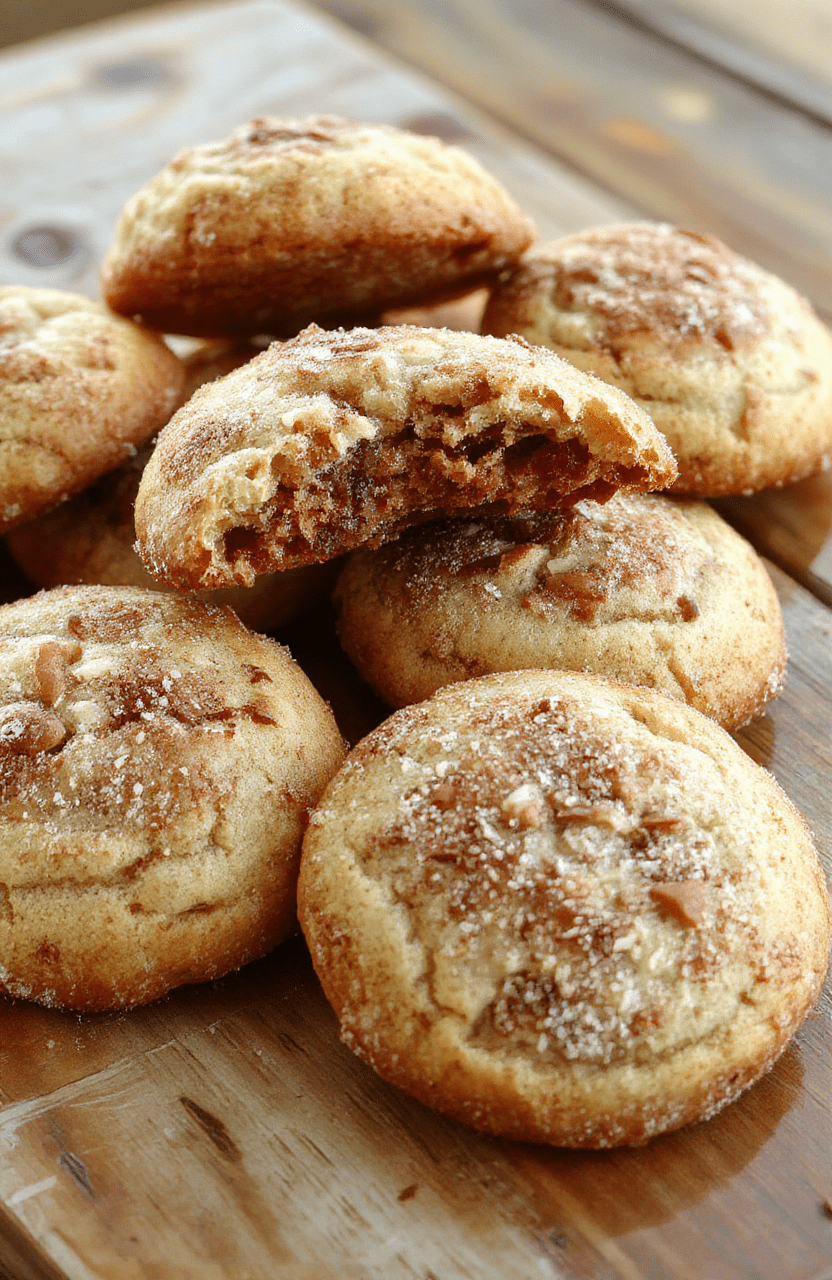 A close-up of soft, golden-brown snickerdoodles coated in cinnamon sugar, arranged on a rustic white plate with a cinnamon stick and a sprinkling of cinnamon in the background, showcasing their chewy texture and sweet cinnamon coating, styled on a wooden surface with natural lighting highlighting the textures and warm tones of the cookies.