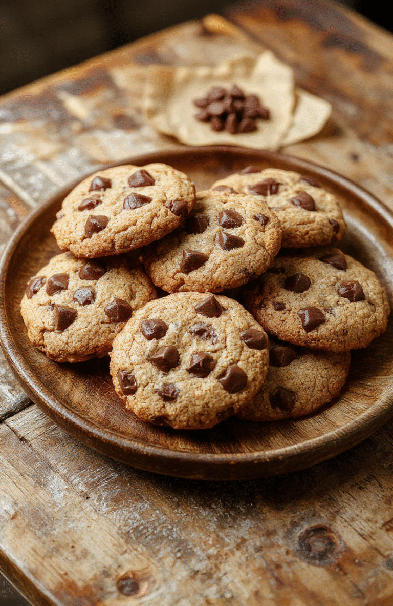 A close-up of chewy cowboy cookies on a rustic wooden plate, golden-brown edges, chocolate chips visible, textured surface with nuts, styled casually on a neutral background with scattered ingredients.