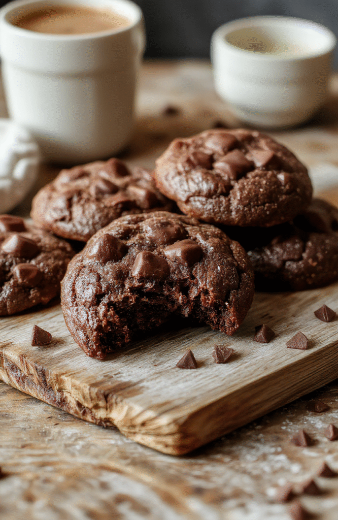 A close-up of chewy hot chocolate cookies with a glossy surface and cracked tops, presented on a rustic plate, surrounded by cocoa powder and mini marshmallows, with a cozy winter backdrop highlighting warm tones and inviting textures.
