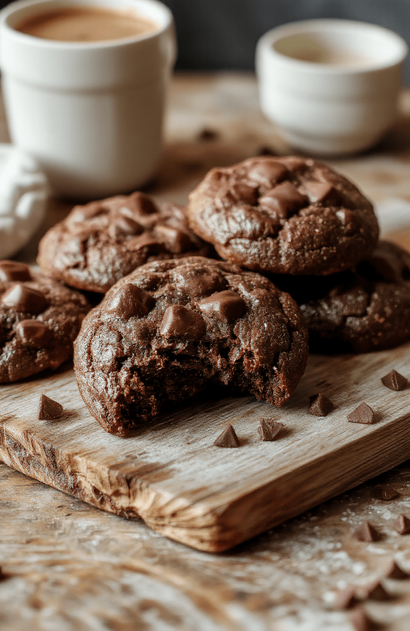 A close-up of chewy hot chocolate cookies with a glossy surface and cracked tops, presented on a rustic plate, surrounded by cocoa powder and mini marshmallows, with a cozy winter backdrop highlighting warm tones and inviting textures.