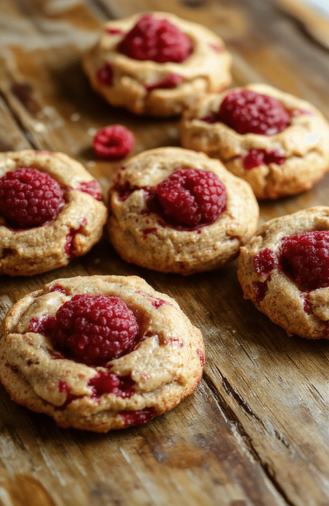 A vibrant plate of chewy raspberry cookies arranged on a rustic wooden surface with fresh raspberries sprinkled around, showcasing their golden-brown edges, soft chewy texture, and bright red raspberry swirls, styled with a light dusting of powdered sugar and a few mint leaves for garnish.