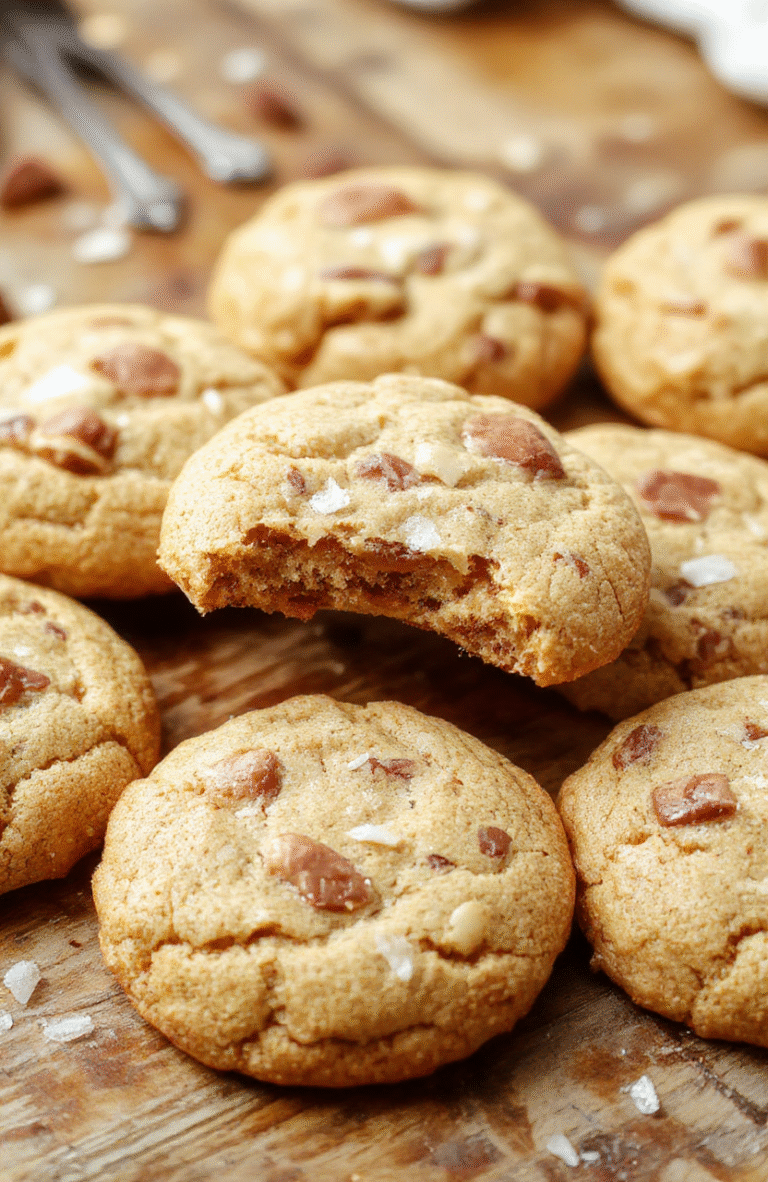 A close-up of golden-brown chewy butterscotch cookies sprinkled with flaky sea salt, arranged on a rustic wooden plate with slight caramelization visible, light and airy background with soft natural lighting highlighting the glossy butterscotch chunks and crunchy salt crystals, styled simply to focus on the texture and rich colors of the cookies.