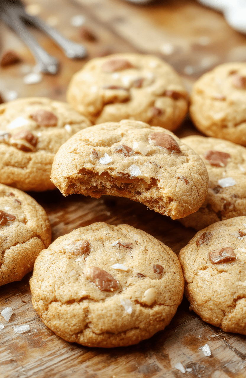 A close-up of golden-brown chewy butterscotch cookies sprinkled with flaky sea salt, arranged on a rustic wooden plate with slight caramelization visible, light and airy background with soft natural lighting highlighting the glossy butterscotch chunks and crunchy salt crystals, styled simply to focus on the texture and rich colors of the cookies.