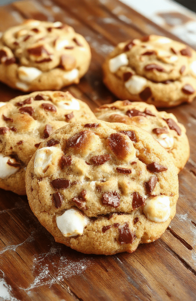 A plate of golden-brown chewy s'mores cookies topped with melted marshmallows and chocolate chunks, arranged on a rustic wooden surface with a warm, inviting ambiance. The cookies have a slightly cracked surface revealing gooey marshmallow centers, garnished with graham cracker crumbs. The background features a blurred cozy kitchen setting with soft lighting, emphasizing the texture and meltiness of the cookies.