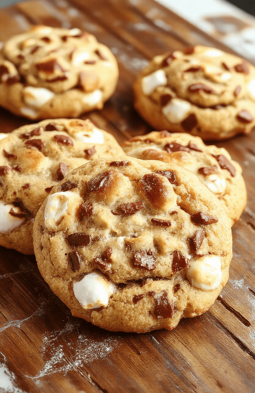 A plate of golden-brown chewy s'mores cookies topped with melted marshmallows and chocolate chunks, arranged on a rustic wooden surface with a warm, inviting ambiance. The cookies have a slightly cracked surface revealing gooey marshmallow centers, garnished with graham cracker crumbs. The background features a blurred cozy kitchen setting with soft lighting, emphasizing the texture and meltiness of the cookies.