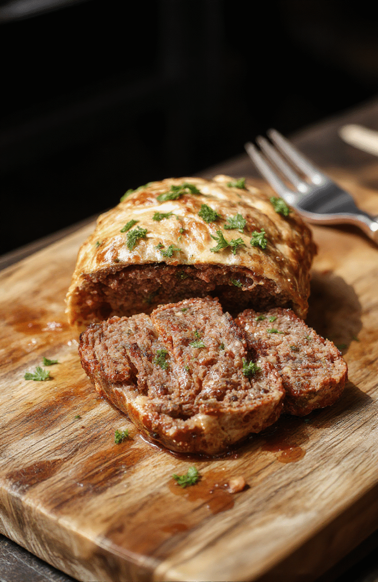 A beautifully plated beef Wellington featuring a golden, flaky puff pastry crust encasing tender beef fillet, served sliced to reveal a perfect medium-rare center, garnished with fresh herbs and a drizzle of rich sauce, styled on a elegant white plate with a subtle rustic background.