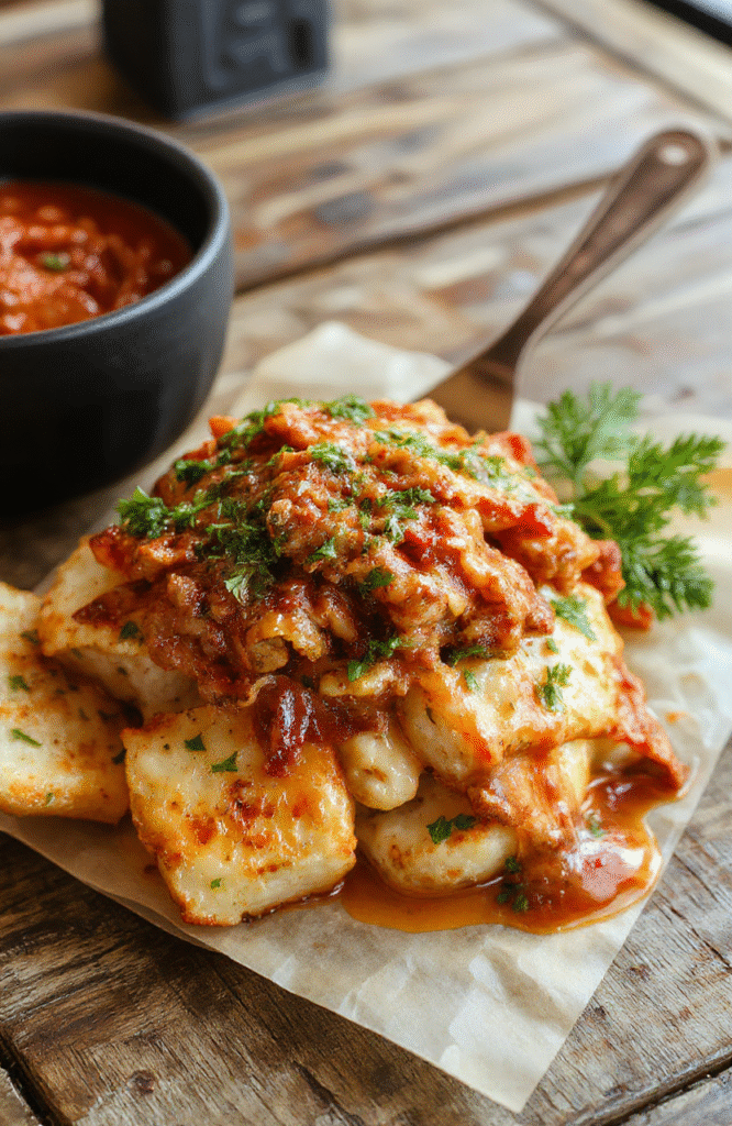 A vibrant plate of the classic crowd-pleasing dish featuring golden-brown toppings, colorful fresh herbs, and a crispy crust, beautifully styled on a rustic wooden table, showcasing textures and inviting warmth.