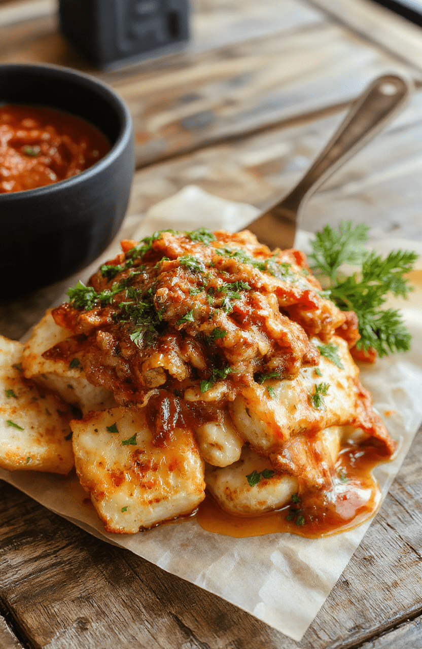 A vibrant plate of the classic crowd-pleasing dish featuring golden-brown toppings, colorful fresh herbs, and a crispy crust, beautifully styled on a rustic wooden table, showcasing textures and inviting warmth.