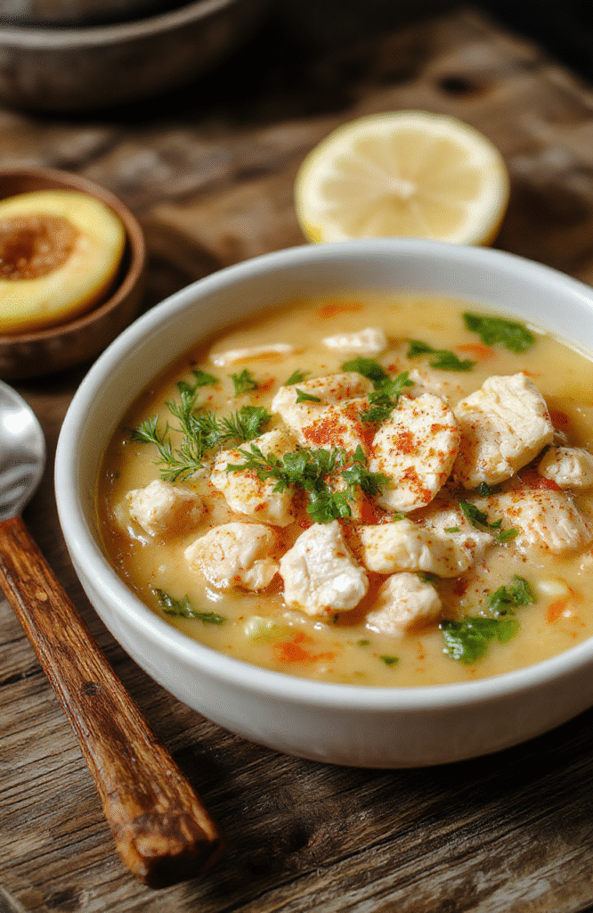 A steaming bowl of chicken noodle soup with tender chicken, soft noodles, vibrant vegetables, and herbs, served in a rustic white bowl on a wooden table with fresh herbs beside it.