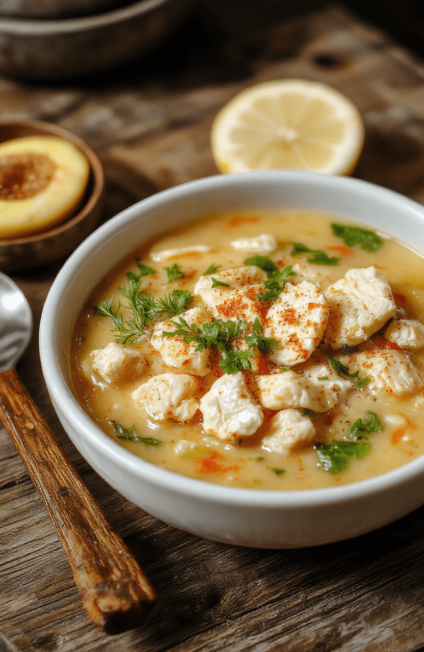 A steaming bowl of chicken noodle soup with tender chicken, soft noodles, vibrant vegetables, and herbs, served in a rustic white bowl on a wooden table with fresh herbs beside it.