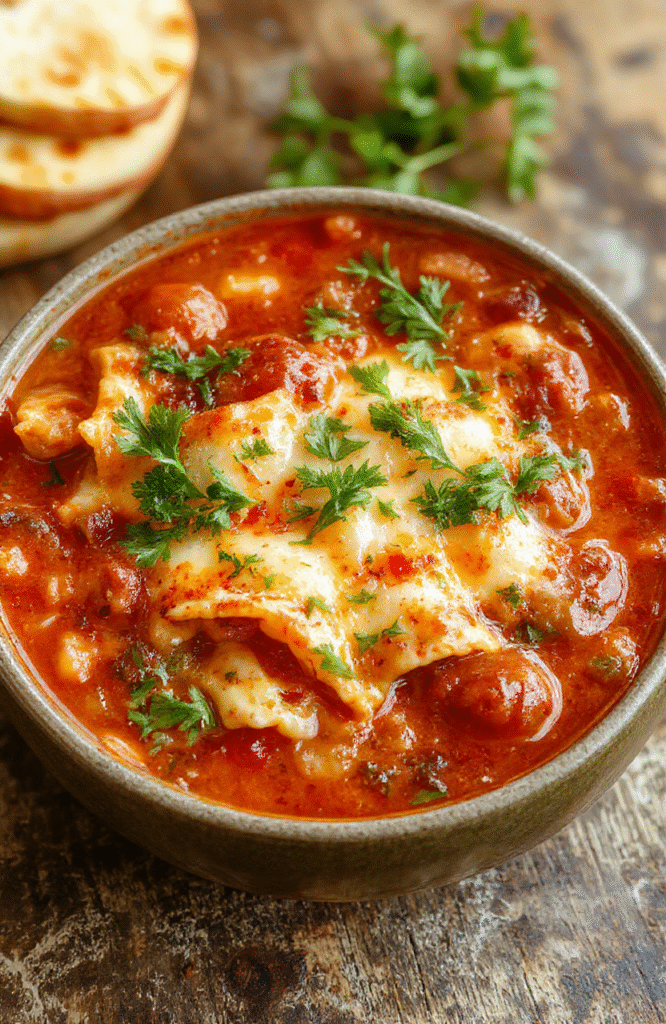 A vibrant bowl of lasagna soup featuring layers of melting cheese, rich tomato broth, and herbs, topped with fresh basil and served in a rustic white bowl on a wooden table, with toasted bread and a sprig of basil for garnish, textures of creamy cheese and chunky vegetables on display, styled simply to highlight comforting appeal.
