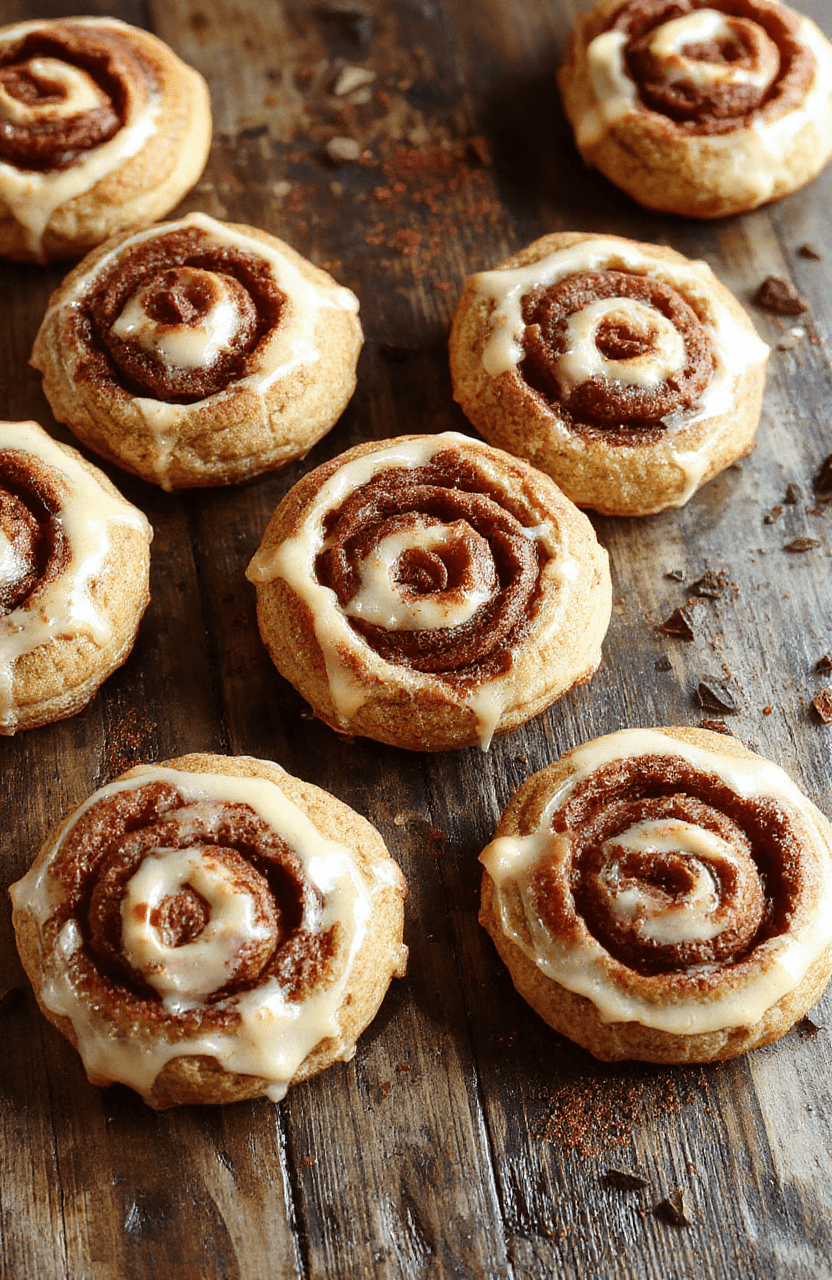 A close-up of golden-brown cinnamon roll cookies topped with a drizzle of vanilla glaze. The cookies are arranged on a rustic wooden plate, with visible swirls of cinnamon filling and a sprinkle of powdered sugar. The background features warm-toned autumn decor with hints of orange and brown, emphasizing the cozy fall vibe. The textures look soft and chewy with a hint of crisp edges, styled in a warm, inviting setting.