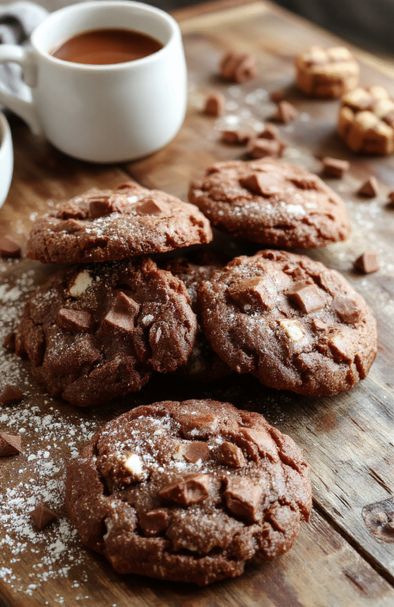 A warm, inviting plate of hot chocolate cookies featuring a rich chocolate exterior, topped with a dusting of powdered sugar and miniature marshmallows. The cookies are arranged on a rustic wooden tray, surrounded by steaming mugs of hot chocolate and cinnamon sticks, with soft, natural lighting highlighting their fluffy texture and gooey chocolate centers.