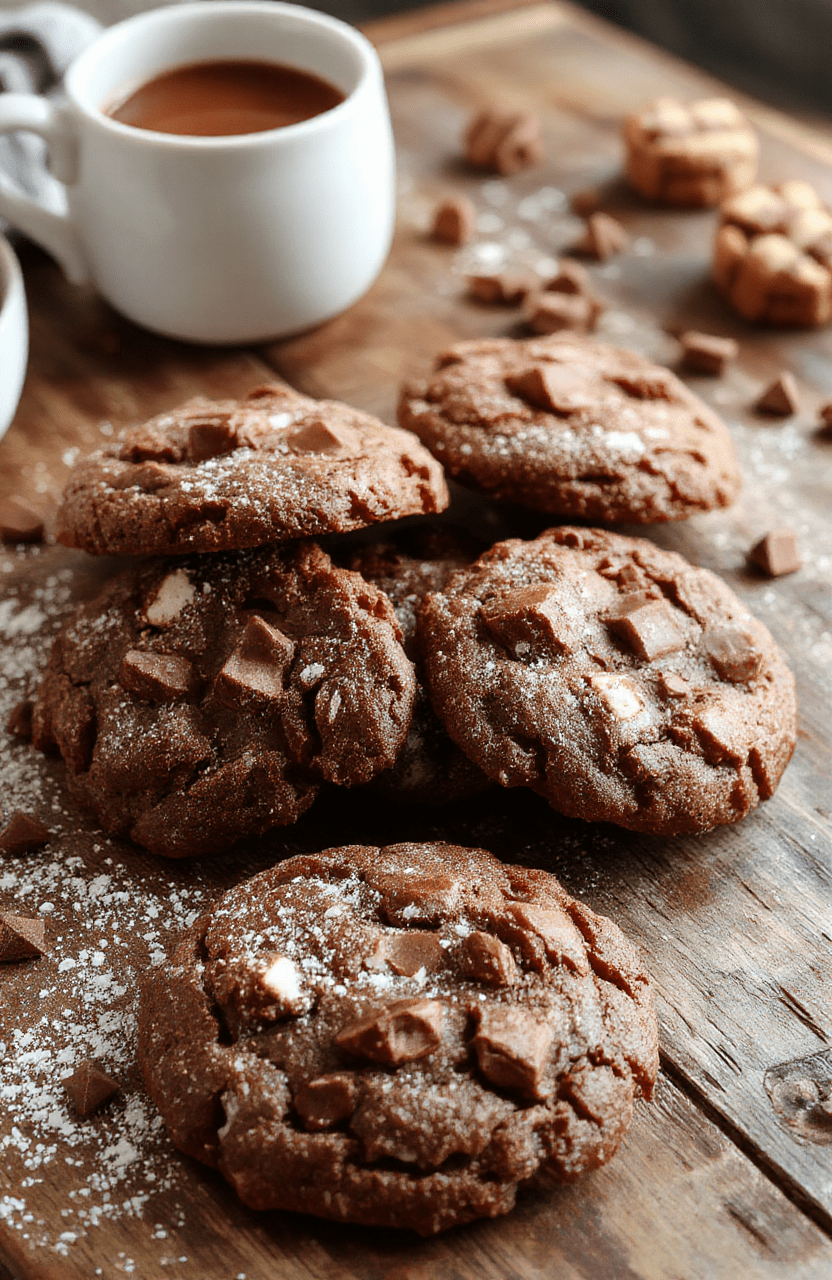 A warm, inviting plate of hot chocolate cookies featuring a rich chocolate exterior, topped with a dusting of powdered sugar and miniature marshmallows. The cookies are arranged on a rustic wooden tray, surrounded by steaming mugs of hot chocolate and cinnamon sticks, with soft, natural lighting highlighting their fluffy texture and gooey chocolate centers.