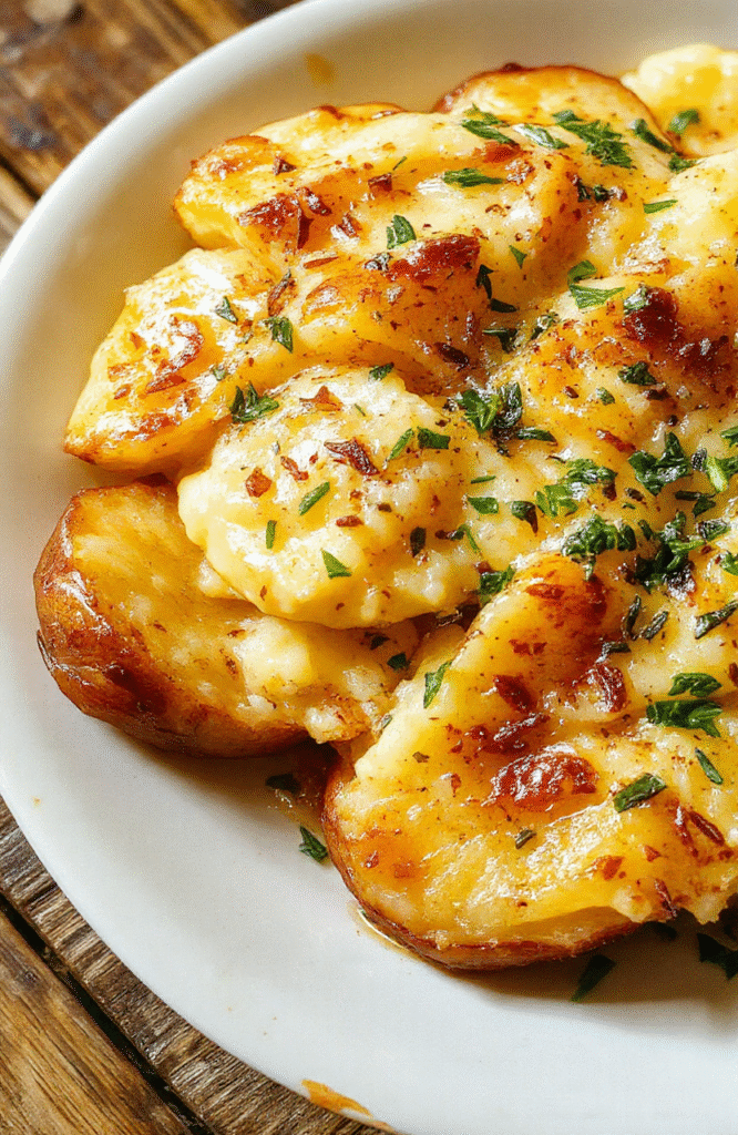 A close-up of creamy baked mashed potatoes in a rustic white bowl, topped with a sprinkle of herbs, with a golden-brown crispy crust on top, sitting on a wooden table. The vibrant yellow and fluffy texture of the mashed potatoes contrasts beautifully with fresh green herbs and a soft, neutral background for a cozy holiday vibe.
