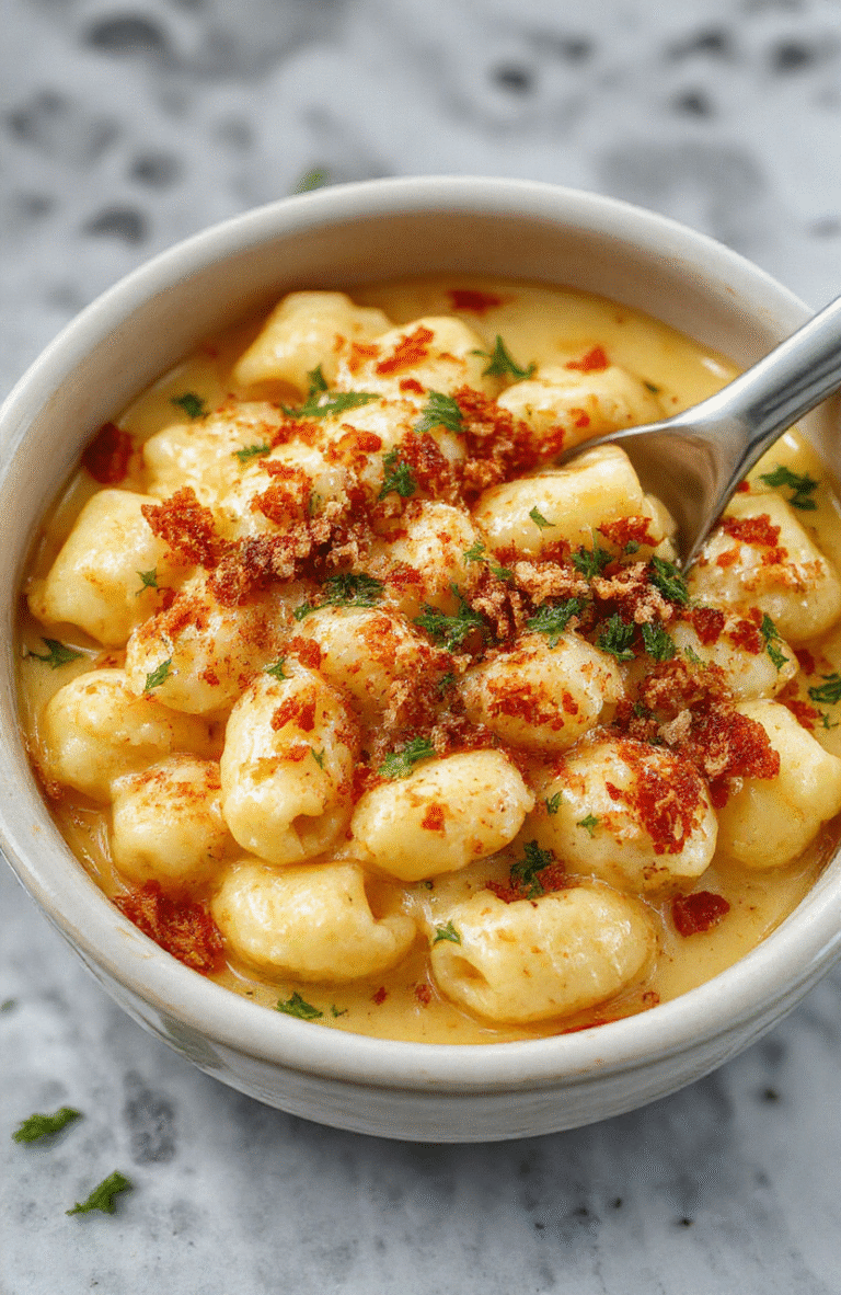 A creamy baked mac and cheese in a rustic white ceramic dish, topped with melted golden cheese and crispy breadcrumbs, surrounded by fresh herbs, vibrant yellow and orange hues, with a soft focus background and natural light highlighting the gooey texture of the cheese.