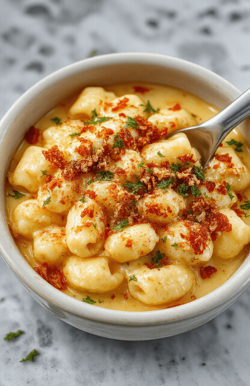 A creamy baked mac and cheese in a rustic white ceramic dish, topped with melted golden cheese and crispy breadcrumbs, surrounded by fresh herbs, vibrant yellow and orange hues, with a soft focus background and natural light highlighting the gooey texture of the cheese.