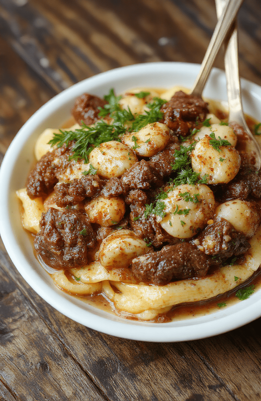 A plate of creamy beef and shells pasta featuring tender beef chunks nestled among perfectly cooked pasta shells, topped with melted cheese and fresh herbs, vibrant in color with a rich, cheesy sauce, styled simply on a rustic wooden surface with a sprinkle of herbs.
