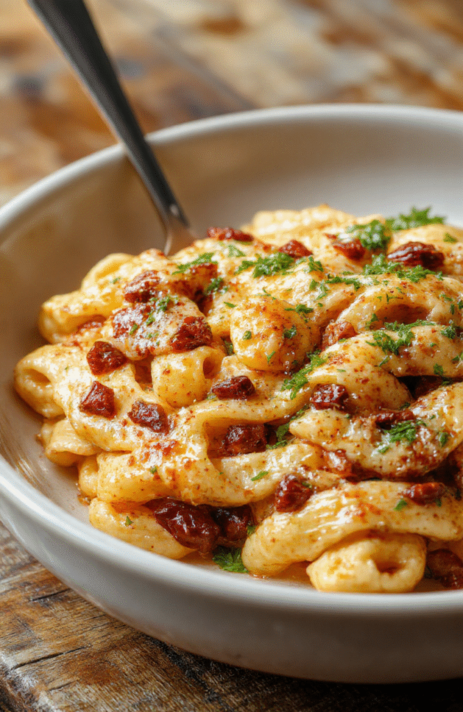 A vibrant plate of creamy Cajun pasta with colorful bell peppers, dotted with fresh parsley, served on a rustic wooden table. The sauce appears rich and smooth, coating the al dente pasta strands. The dish is styled simply, showcasing the delicious spices and creamy texture, with a hint of glistening oil and herbs for garnish.