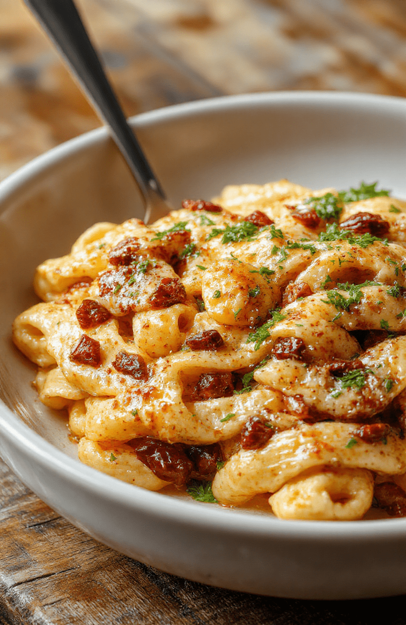 A vibrant plate of creamy Cajun pasta with colorful bell peppers, dotted with fresh parsley, served on a rustic wooden table. The sauce appears rich and smooth, coating the al dente pasta strands. The dish is styled simply, showcasing the delicious spices and creamy texture, with a hint of glistening oil and herbs for garnish.