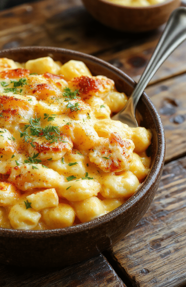 A vibrant bowl of creamy chicken mac and cheese featuring tender chunks of shredded chicken, al dente macaroni coated in a rich, cheesy sauce, garnished with fresh herbs, presented on a rustic wooden table with a golden-brown crust topping and a side of green herbs for garnish