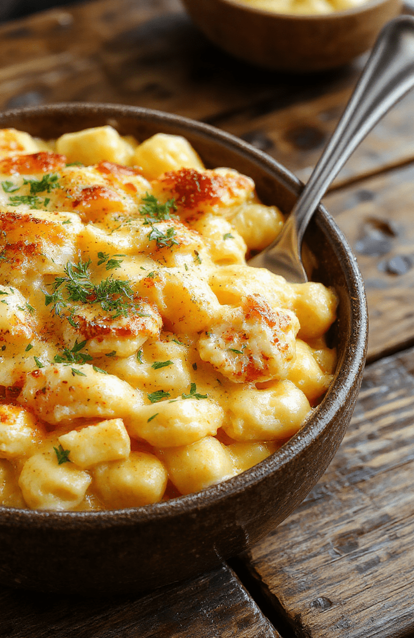 A vibrant bowl of creamy chicken mac and cheese featuring tender chunks of shredded chicken, al dente macaroni coated in a rich, cheesy sauce, garnished with fresh herbs, presented on a rustic wooden table with a golden-brown crust topping and a side of green herbs for garnish