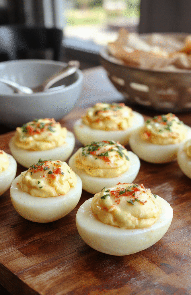 A close-up of creamy deviled eggs on a white platter, topped with paprika and fresh chives, showcasing smooth filling and vibrant colors, styled simply on a rustic wooden table with a soft focus background.