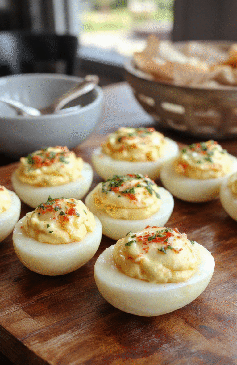 A close-up of creamy deviled eggs on a white platter, topped with paprika and fresh chives, showcasing smooth filling and vibrant colors, styled simply on a rustic wooden table with a soft focus background.