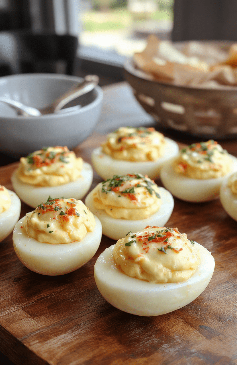 A close-up of creamy deviled eggs on a white platter, topped with paprika and fresh chives, showcasing smooth filling and vibrant colors, styled simply on a rustic wooden table with a soft focus background.