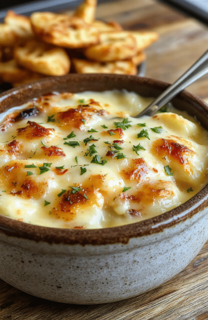 A golden-brown creamy potato gratin layered beautifully in a rustic ceramic dish, topped with melted cheese and fresh herbs, with a creamy interior visible, styled with a sprinkle of herbs and a wooden serving spoon, vibrant and appetizing.