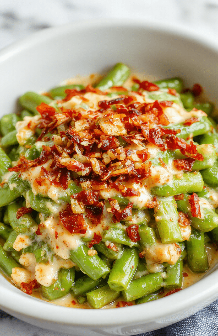 A close-up of a creamy green bean casserole served in a rustic white dish. The vibrant green beans are topped with a golden, crispy onion layer, with a rich, creamy sauce visible around the edges. The dish is styled with fresh herbs for garnish, set on a wooden table with a blurred holiday-themed background, highlighting the textures and inviting colors.