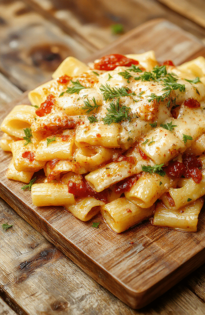 A close-up of a steaming bowl of creamy rigatoni pasta topped with freshly grated Parmesan cheese, garnished with basil leaves, on a rustic wooden table with a fork partially inserted, showcasing the rich sauce and perfectly cooked pasta, styled simply to highlight the dish's comforting appeal.
