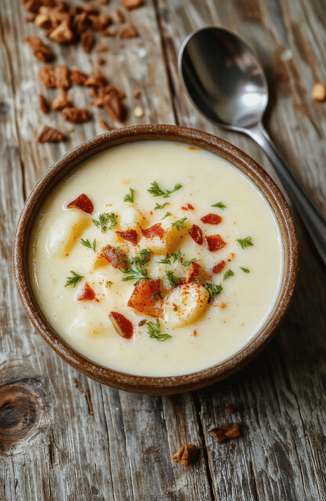 A vibrant bowl of creamy loaded potato soup topped with shredded cheese, crispy bacon bits, fresh chives, and sour cream, with a rustic wooden background and steam rising, showcasing a thick, comforting texture and colorful garnishes.