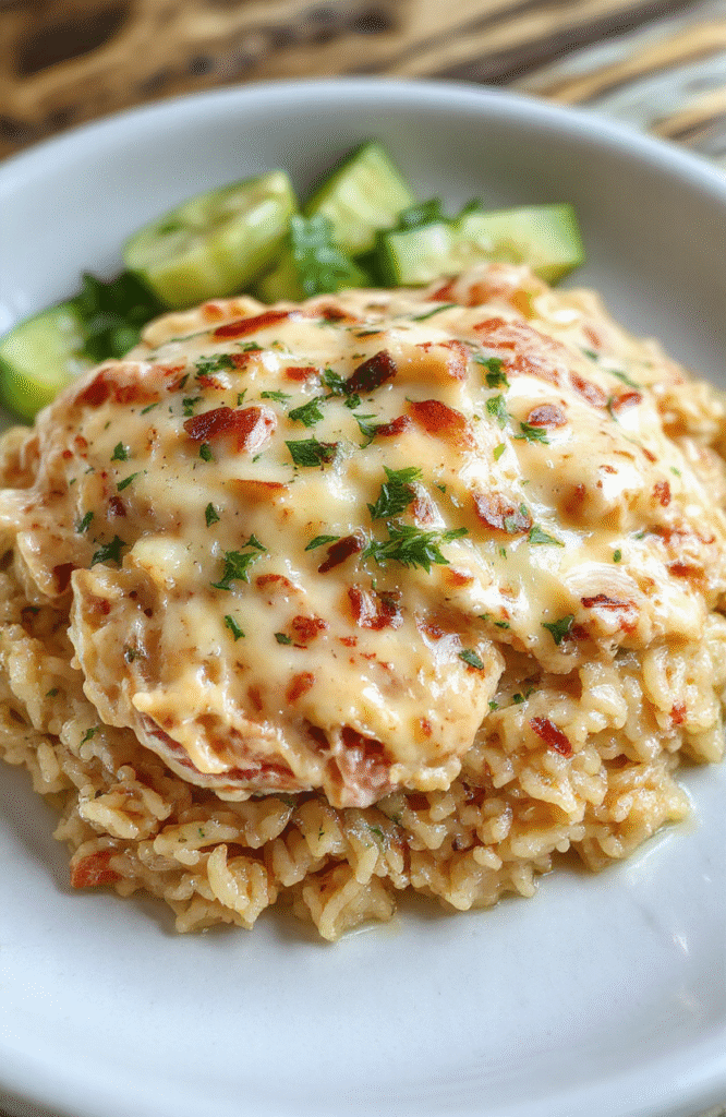 A vibrant plate featuring tender, golden-brown smothered chicken nestled on fluffy rice, topped with melted cheese and fresh herbs. The dish is served on a rustic white plate with a side of colorful steamed vegetables, highlighting rich textures and comforting appeal, styled casually for a cozy, home-cooked look.