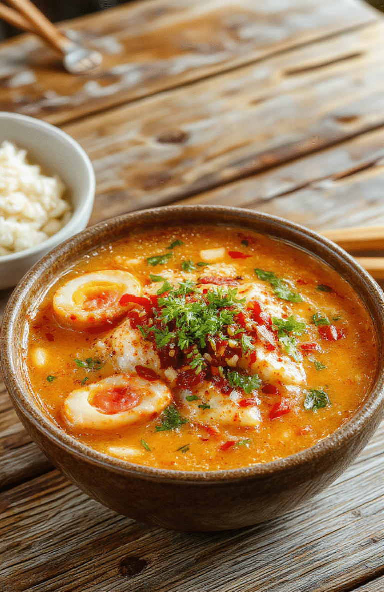 A vibrant bowl of creamy spicy Korean ramen showcasing rich red broth, topped with sliced green onions, soft-boiled eggs, and sesame seeds. The noodles appear thick and gooey, accented with slices of tender meat and crunchy vegetables, all artfully arranged on a rustic wooden table with a hint of chili flakes and fresh herbs visible around the bowl.