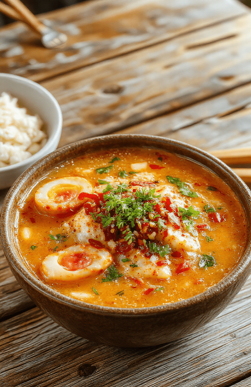 A vibrant bowl of creamy spicy Korean ramen showcasing rich red broth, topped with sliced green onions, soft-boiled eggs, and sesame seeds. The noodles appear thick and gooey, accented with slices of tender meat and crunchy vegetables, all artfully arranged on a rustic wooden table with a hint of chili flakes and fresh herbs visible around the bowl.