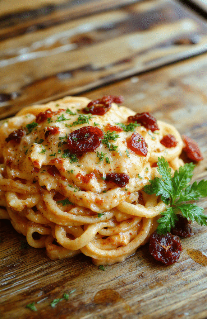 A vibrant white plate featuring creamy spaghetti coated with a rich red sun-dried tomato sauce, garnished with fresh basil and grated Parmesan. The dish is styled simply on a rustic wooden table, highlighting the smooth texture of the sauce and the al dente pasta, with a sprinkle of herbs adding color contrast.