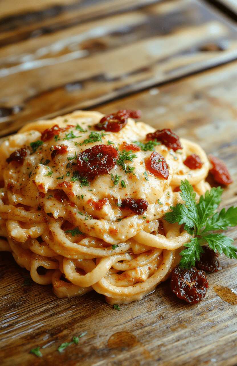 A vibrant white plate featuring creamy spaghetti coated with a rich red sun-dried tomato sauce, garnished with fresh basil and grated Parmesan. The dish is styled simply on a rustic wooden table, highlighting the smooth texture of the sauce and the al dente pasta, with a sprinkle of herbs adding color contrast.