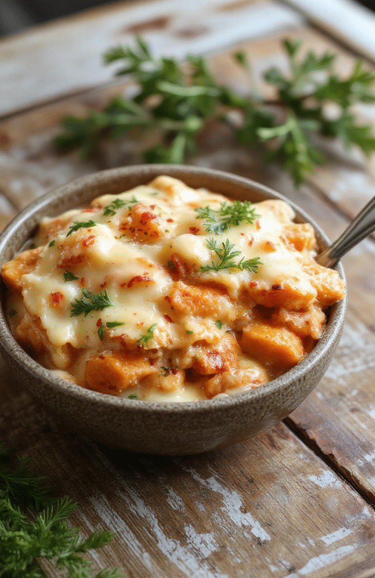 A warm, golden-baked sweet potato casserole topped with a crispy pecan streusel, served in a rustic white dish with a dollop of whipped cream, surrounded by fall leaves and cinnamon sticks, vibrant orange and brown tones, inviting and festive.