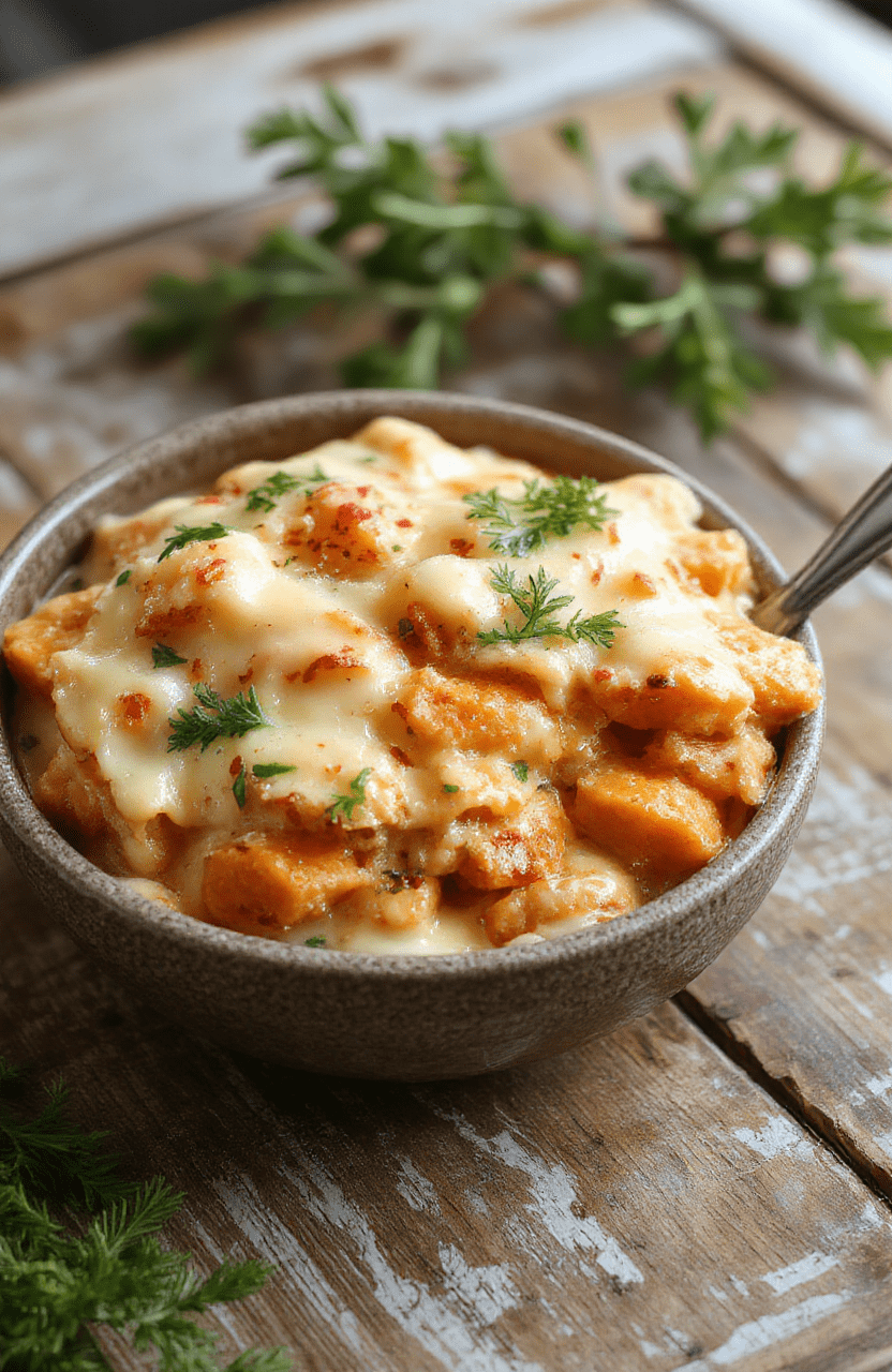 A warm, golden-baked sweet potato casserole topped with a crispy pecan streusel, served in a rustic white dish with a dollop of whipped cream, surrounded by fall leaves and cinnamon sticks, vibrant orange and brown tones, inviting and festive.