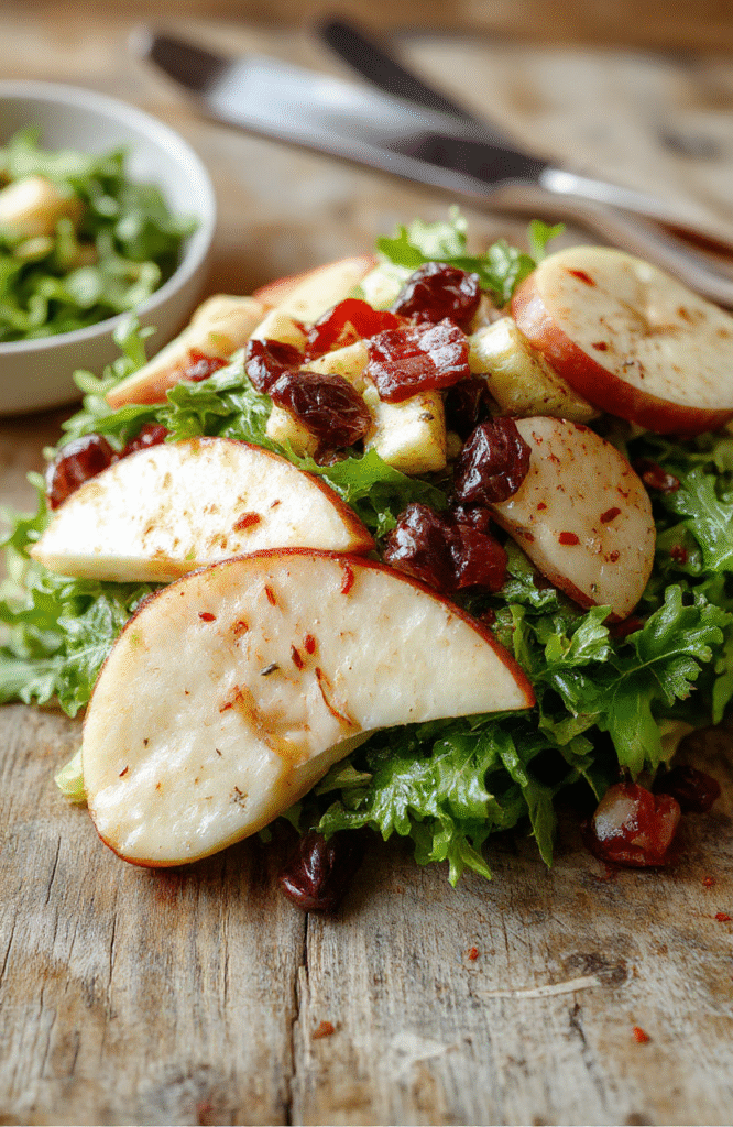 A vibrant plate of crisp apple arugula salad featuring thinly sliced green apples, fresh arugula leaves, scattered walnuts, and crumbled feta cheese, drizzled with a light vinaigrette. The colorful ingredients are beautifully arranged on a rustic wooden platter with a blurred background emphasizing freshness and texture.