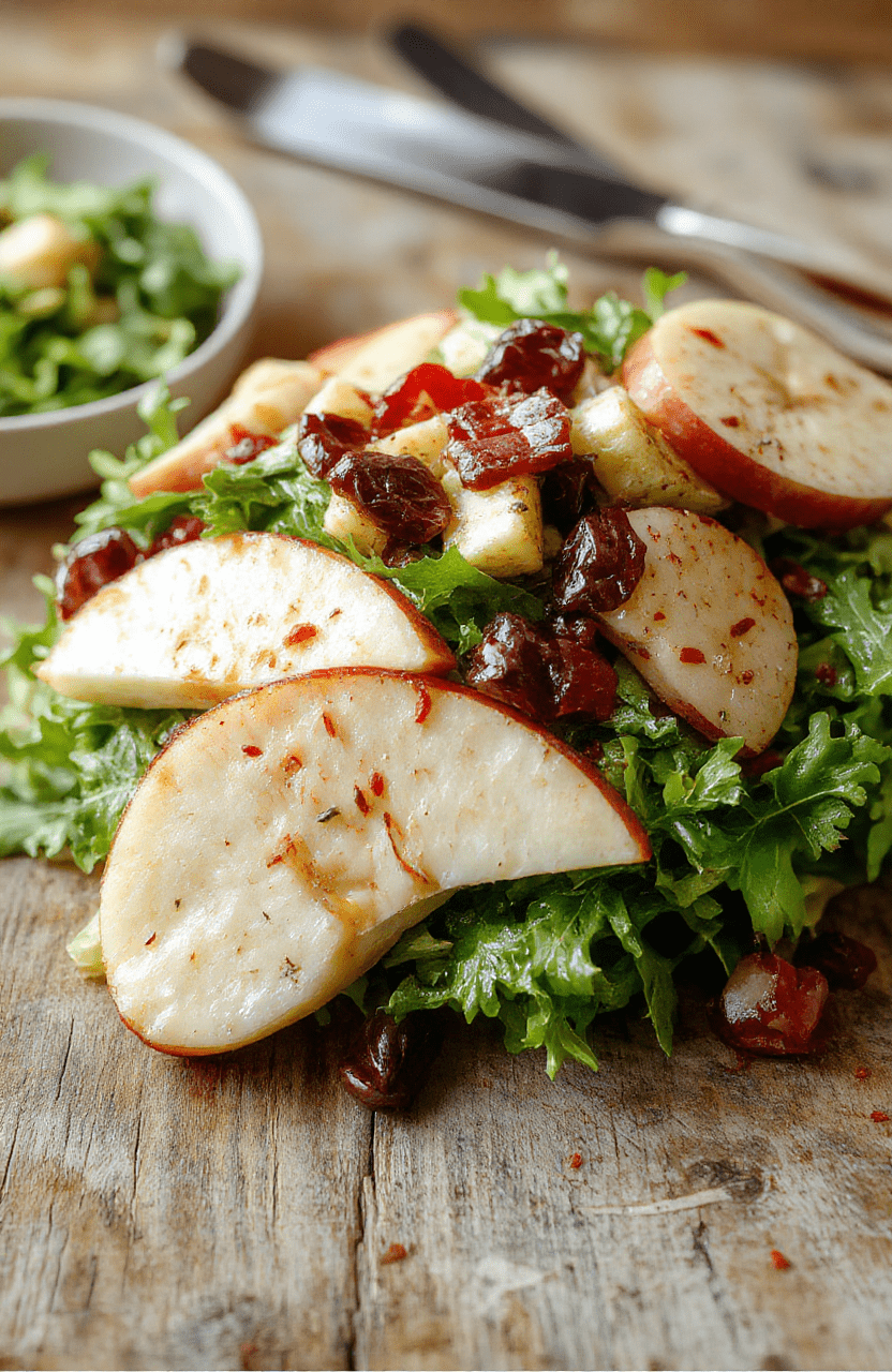 A vibrant plate of crisp apple arugula salad featuring thinly sliced green apples, fresh arugula leaves, scattered walnuts, and crumbled feta cheese, drizzled with a light vinaigrette. The colorful ingredients are beautifully arranged on a rustic wooden platter with a blurred background emphasizing freshness and texture.