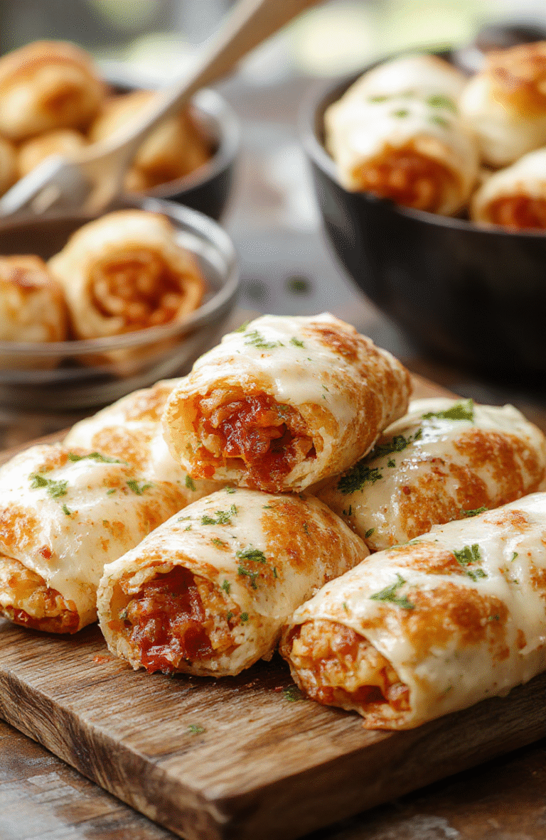 Golden-brown crispy air fryer pizza rolls arranged on a white plate, melted cheese oozing from the edges, garnished with fresh basil leaves, set on a rustic wooden surface with a hint of marinara sauce in the background