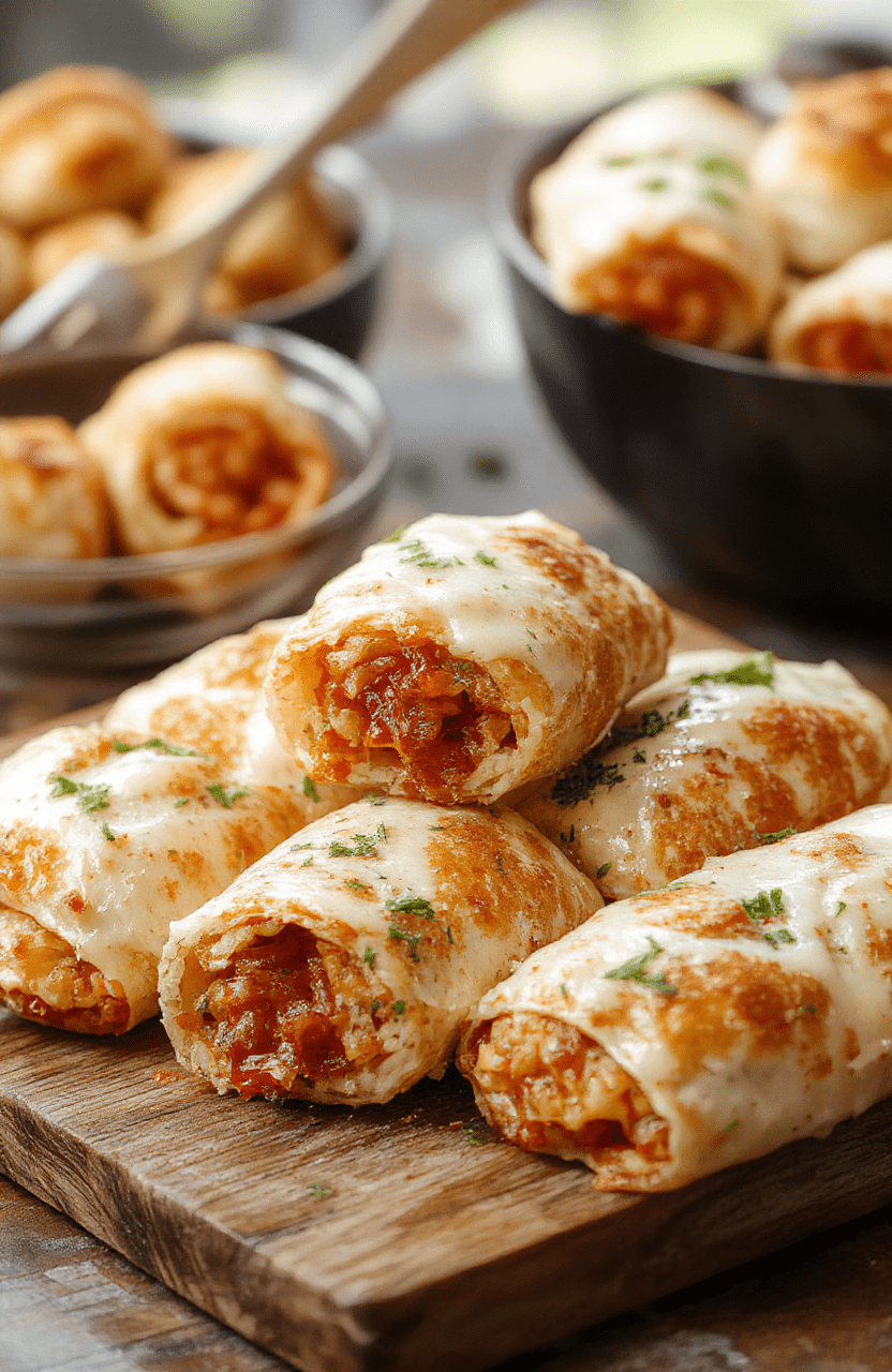 Golden-brown crispy air fryer pizza rolls arranged on a white plate, melted cheese oozing from the edges, garnished with fresh basil leaves, set on a rustic wooden surface with a hint of marinara sauce in the background