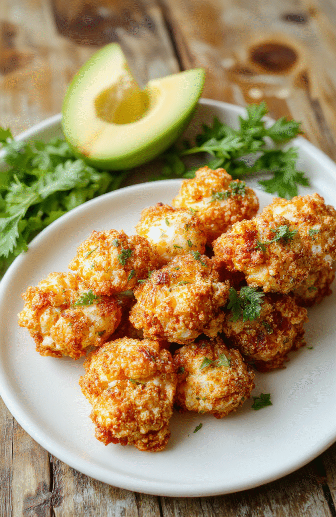 Golden crispy popcorn chicken arranged on a white plate, garnished with fresh herbs, with a crispy textured coating visible. Bright lighting highlights the crunchy surface, with a blurred background of a rustic wooden table and side dipping sauces.