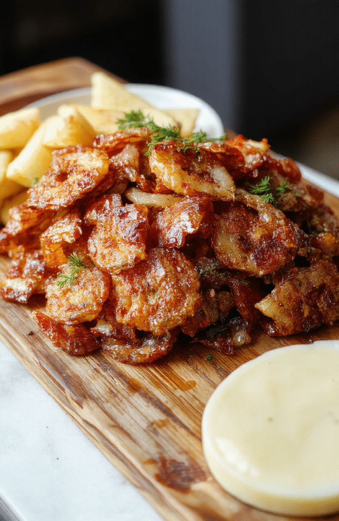 Golden crispy fried onions arranged neatly on a rustic wooden platter, showcasing their crunchy texture and appetizing appearance. The onions are light and airy, with a rich golden-brown hue, styled casually with hints of seasoning visible. The background features a neutral-toned cloth and subtle shadows emphasizing their crispiness.
