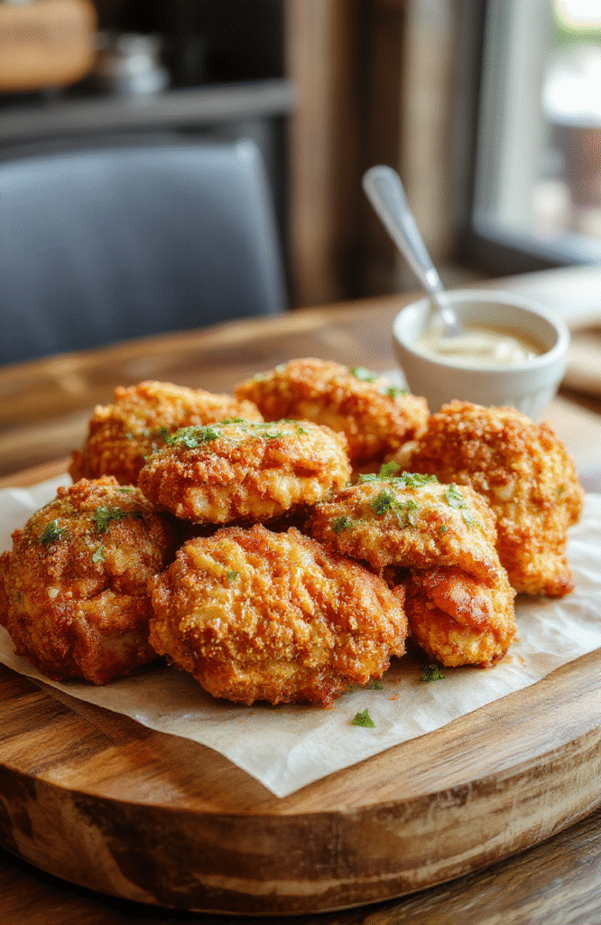 A golden-brown crispy pretzel-coated chicken breast topped with melted cheese, served on a rustic wooden platter. Surrounding ingredients include halved pretzels, shredded cheese, and fresh herbs, with a soft-focus background that emphasizes the texture of the crunchy coating and gooey cheese. The presentation showcases a hearty, inviting meal perfect for a cozy dinner scene.