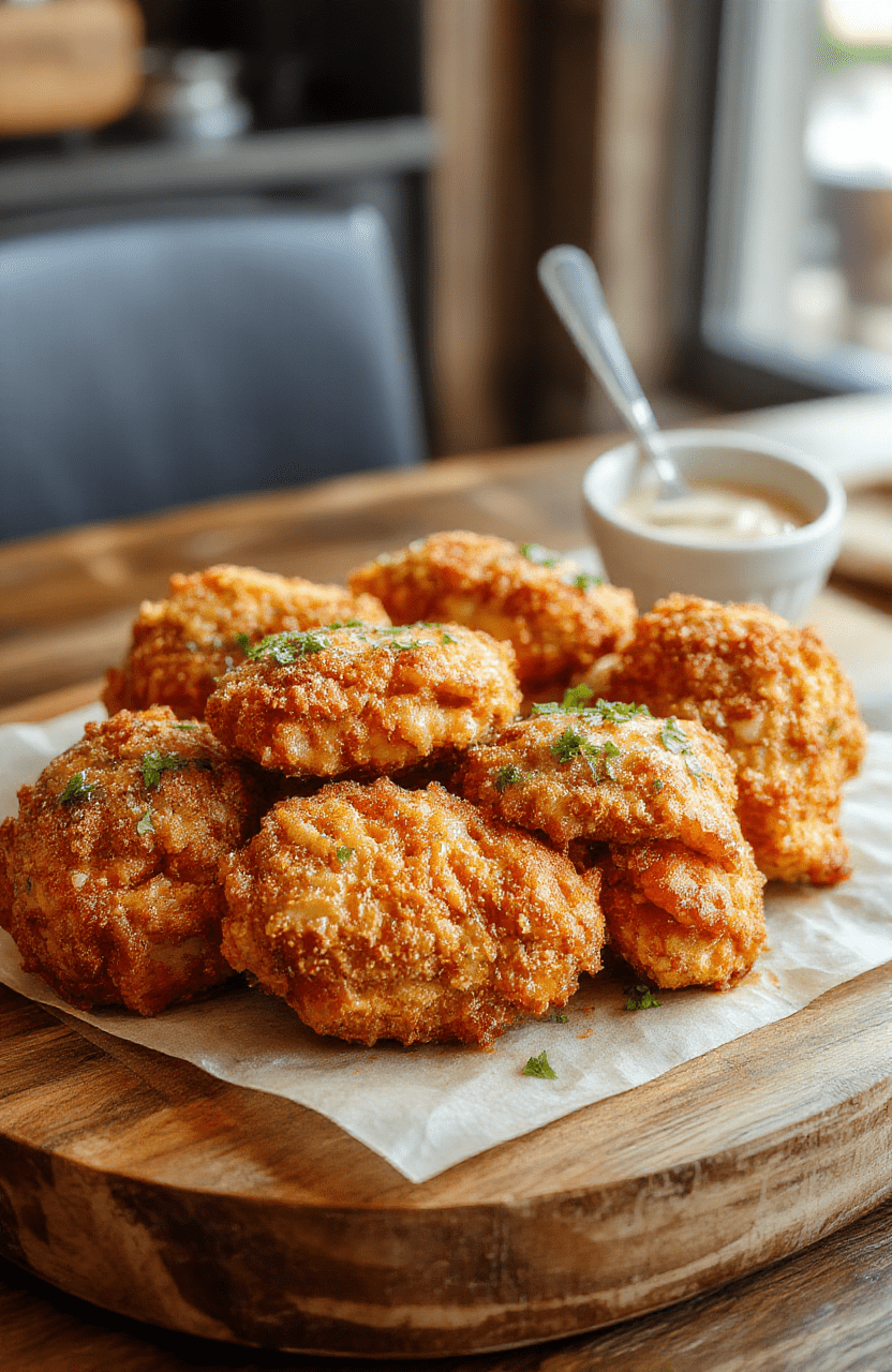 A golden-brown crispy pretzel-coated chicken breast topped with melted cheese, served on a rustic wooden platter. Surrounding ingredients include halved pretzels, shredded cheese, and fresh herbs, with a soft-focus background that emphasizes the texture of the crunchy coating and gooey cheese. The presentation showcases a hearty, inviting meal perfect for a cozy dinner scene.